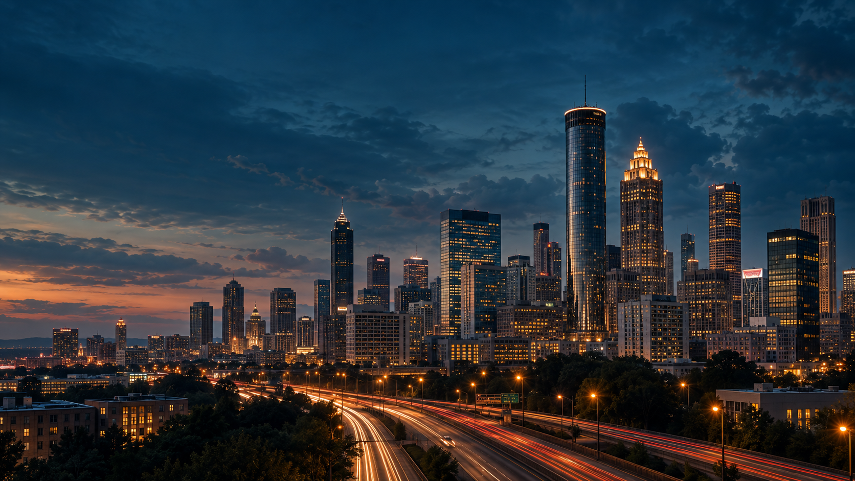Downtown Atlanta skyline at blue hour with warm city lights