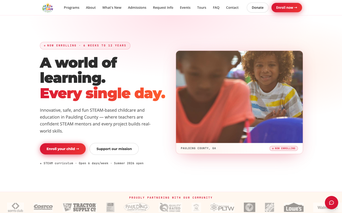Start Bright Academy homepage featuring STEAM childcare and education in Paulding County
